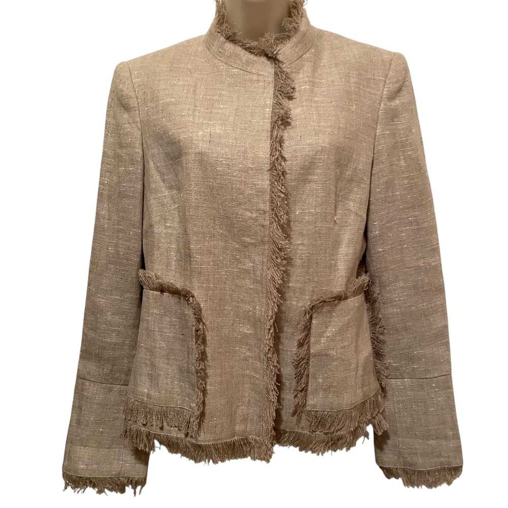 Boston Proper Women's Linen Blazer Raw Edge Size 10 Tan Office Classy - Picture 1 of 11